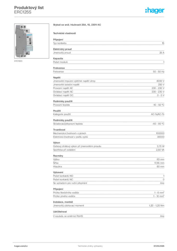 Obrázek Hager Produktový list ERC125S | Hager