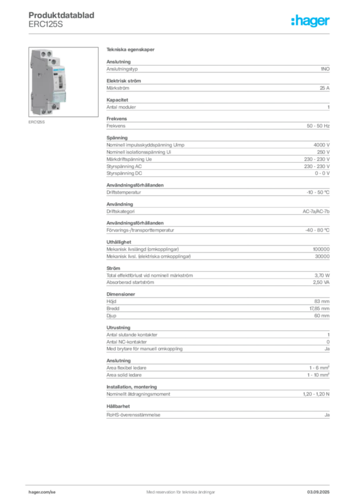 Bild Hager Produktdatablad ERC125S | Hager Sverige