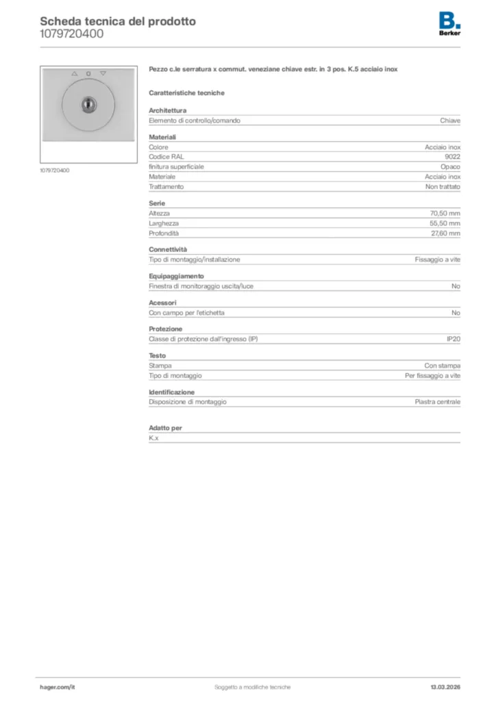 Immagine Berker Scheda tecnica del prodotto 1079720400 | Hager Italia