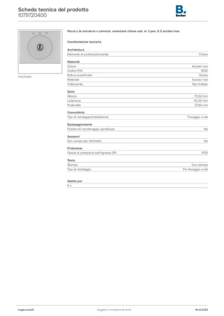 Immagine Berker Scheda tecnica del prodotto 1079720400 | Hager Italia