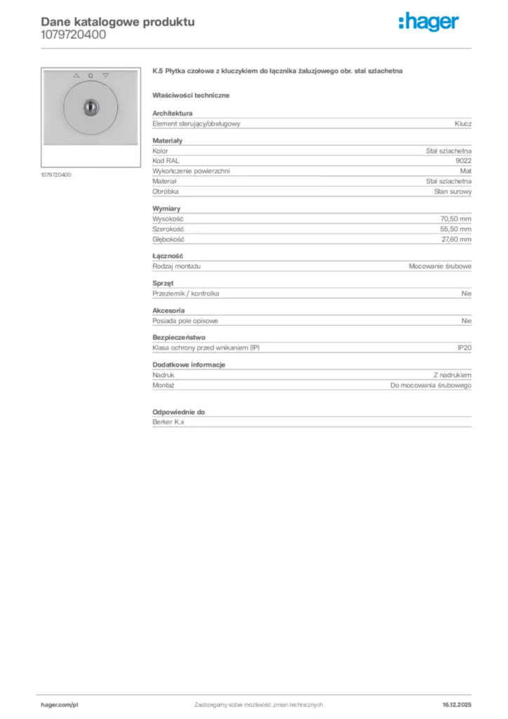 Zdjęcie Hager Karta katalogowa 1079720400 | Hager Polska