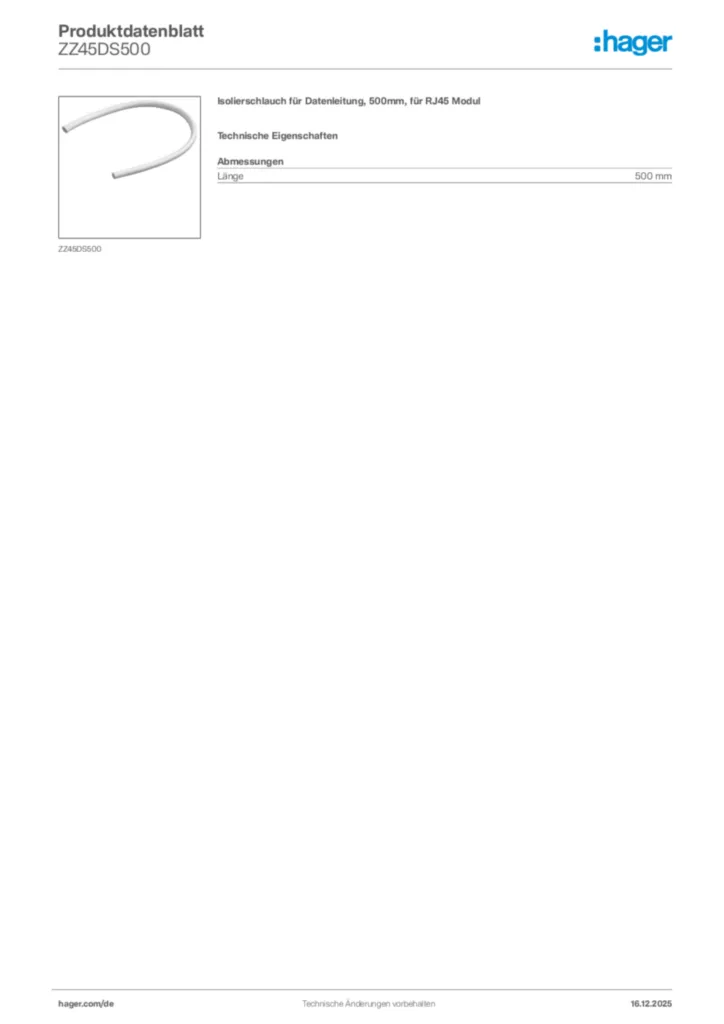 Bild Hager Produktdatenblatt ZZ45DS500 | Hager Deutschland