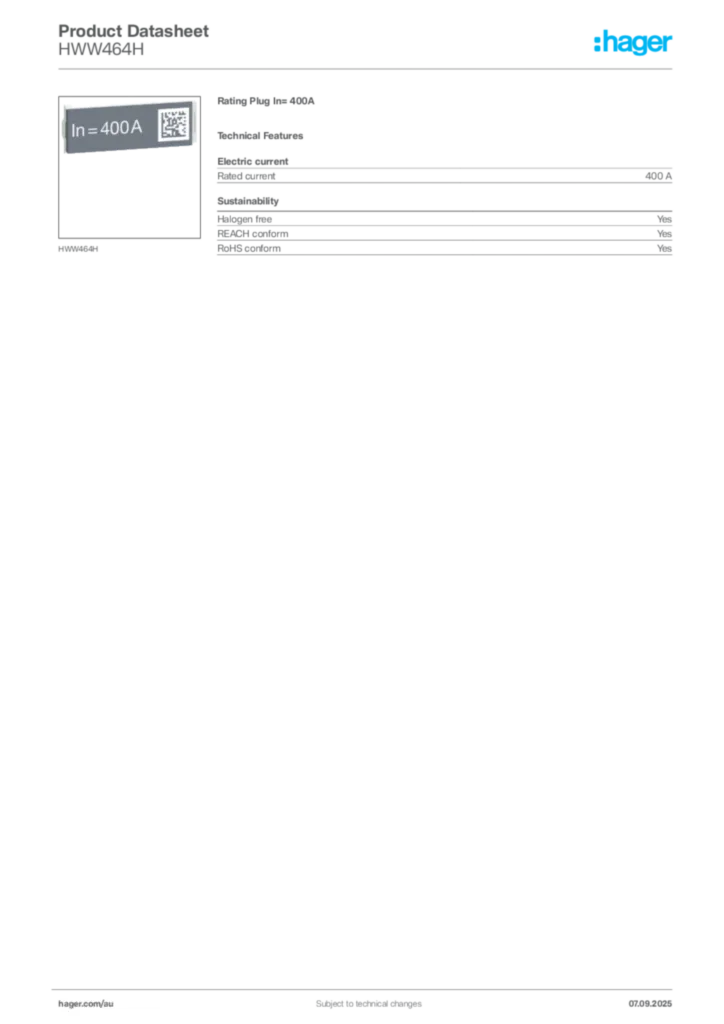 Image Hager Product data sheet HWW464H  | Hager Australia