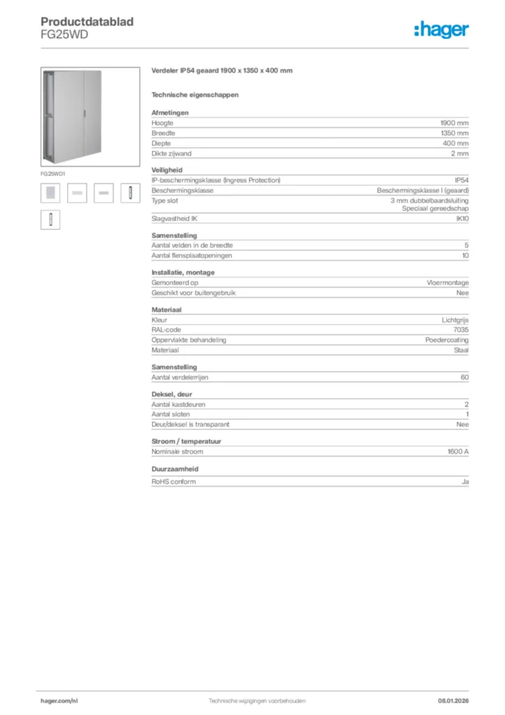 Afbeelding Hager Productdatablad FG25WD | Hager Nederland
