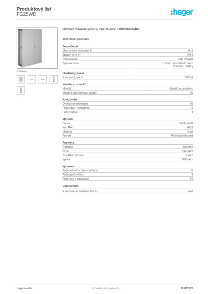 Obrázek Hager Produktový list FG25WD | Hager
