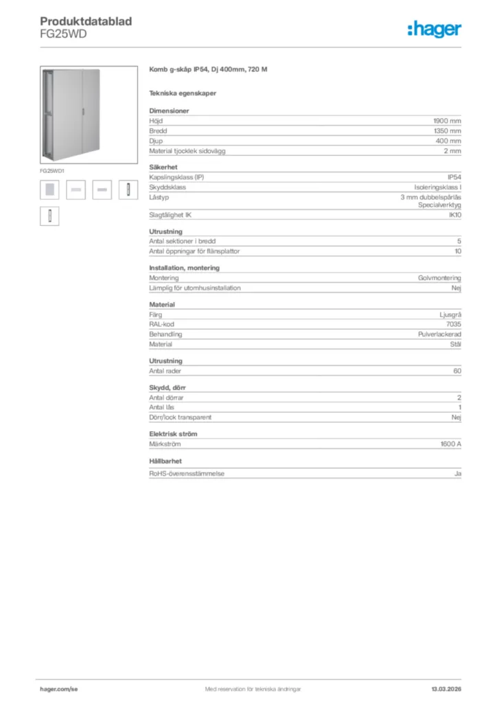 Bild Hager Produktdatablad FG25WD | Hager Sverige