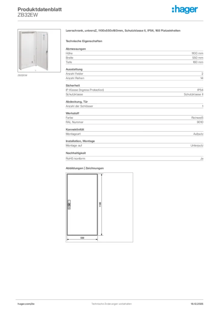 Bild Hager Produktdatenblatt ZB32EW | Hager Deutschland