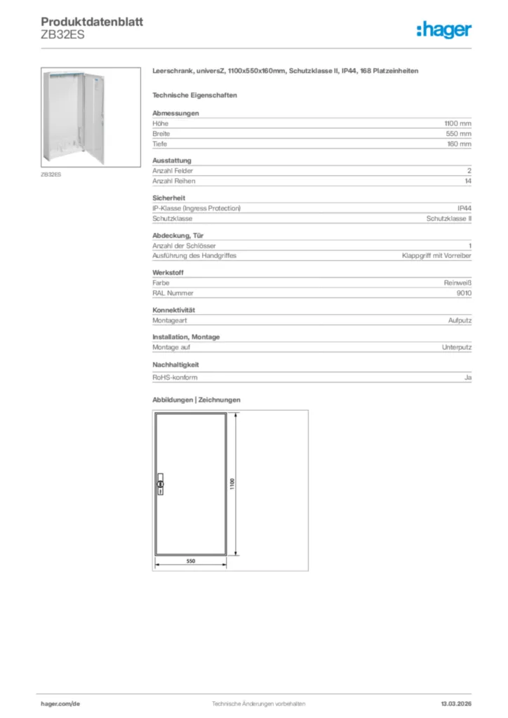 Bild Hager Produktdatenblatt ZB32ES | Hager Deutschland