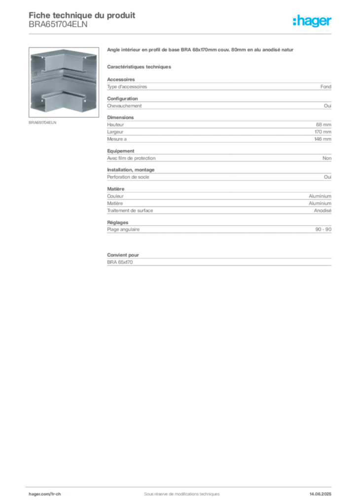 Image Hager Fiche technique du produit BRA651704ELN | Hager Suisse