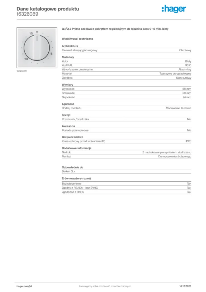 Zdjęcie Hager Karta katalogowa 16326089 | Hager Polska