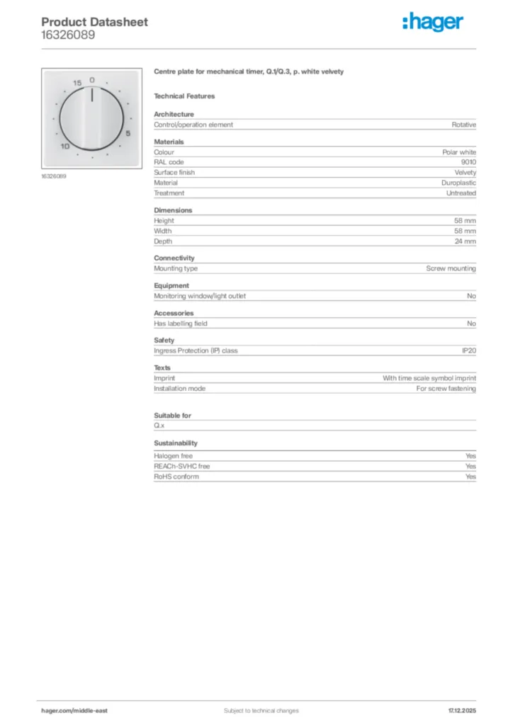 Image Hager Product data sheet 16326089  | Hager