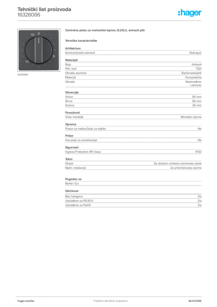 Slika Hager Product data sheet 16326086  | Hager