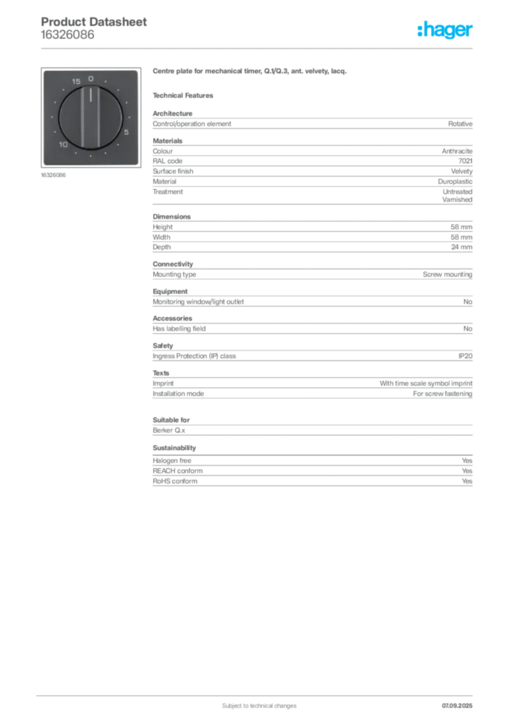 Image Hager Product data sheet 16326086  | Hager