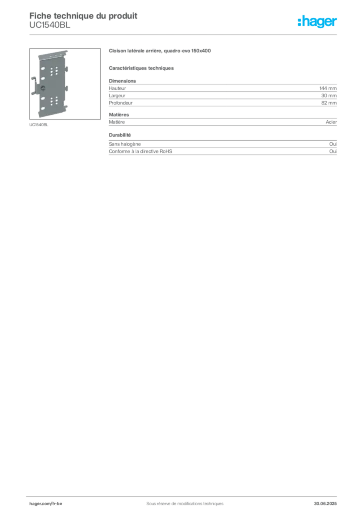 Image Hager Fiche technique du produit UC1540BL | Hager Belgique