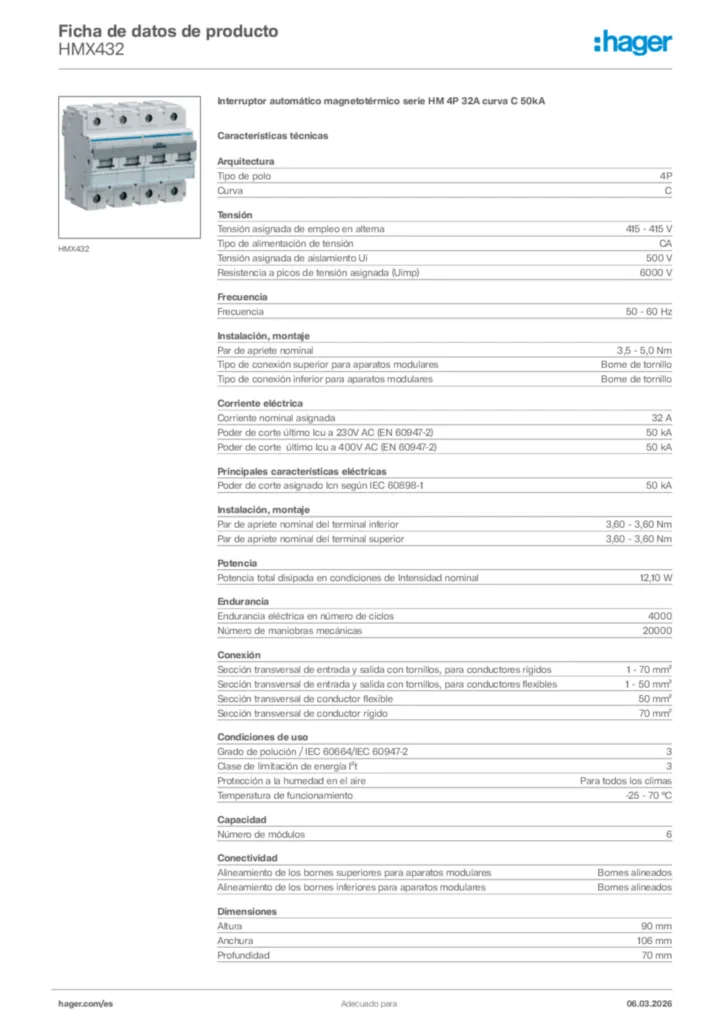 Imagen Hager Ficha de datos de producto HMX432 | Hager España