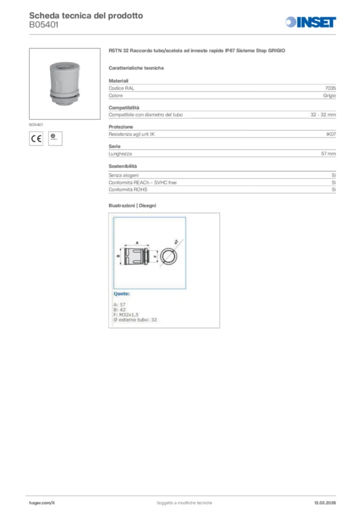 Immagine Inset Scheda tecnica del prodotto B05401 | Hager Italia
