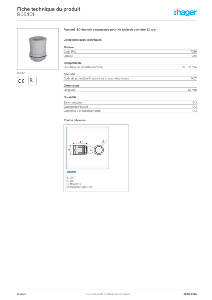 Image Iboco Fiche technique du produit B05401 | Hager France