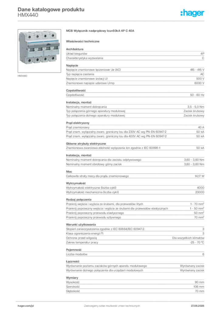 Zdjęcie Hager Karta katalogowa HMX440 | Hager Polska