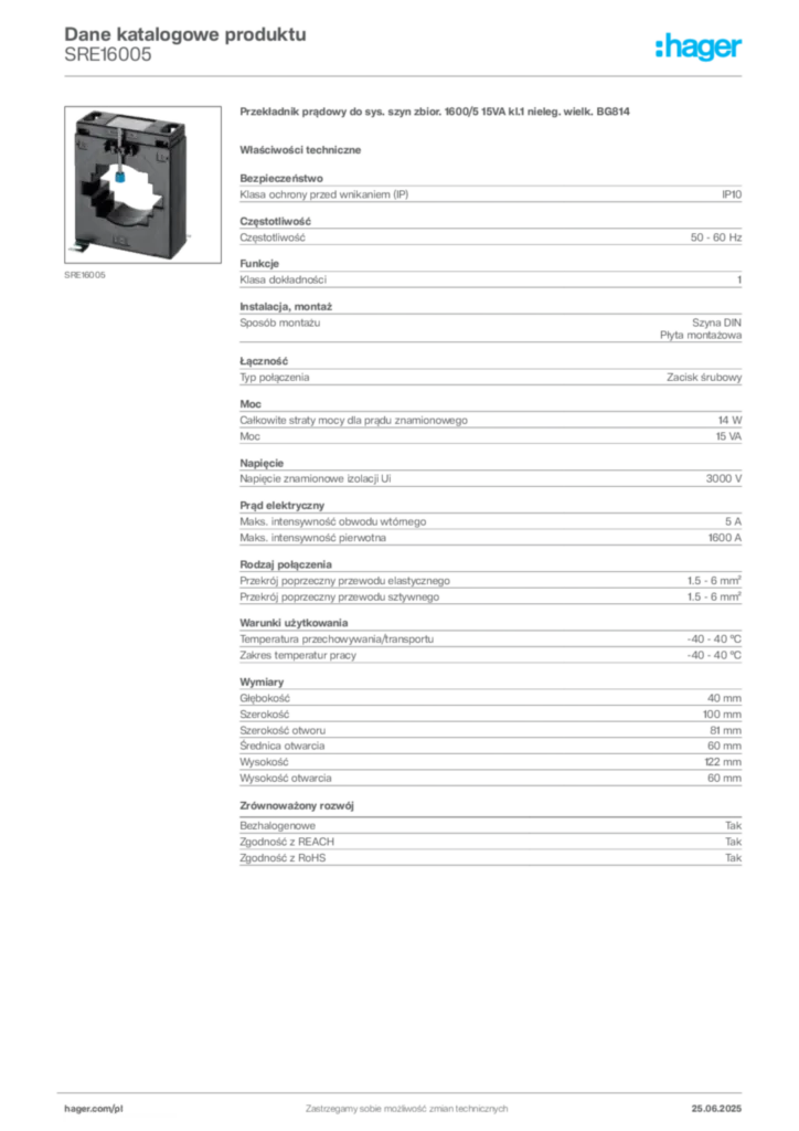 Zdjęcie Hager Karta katalogowa SRE16005 | Hager Polska