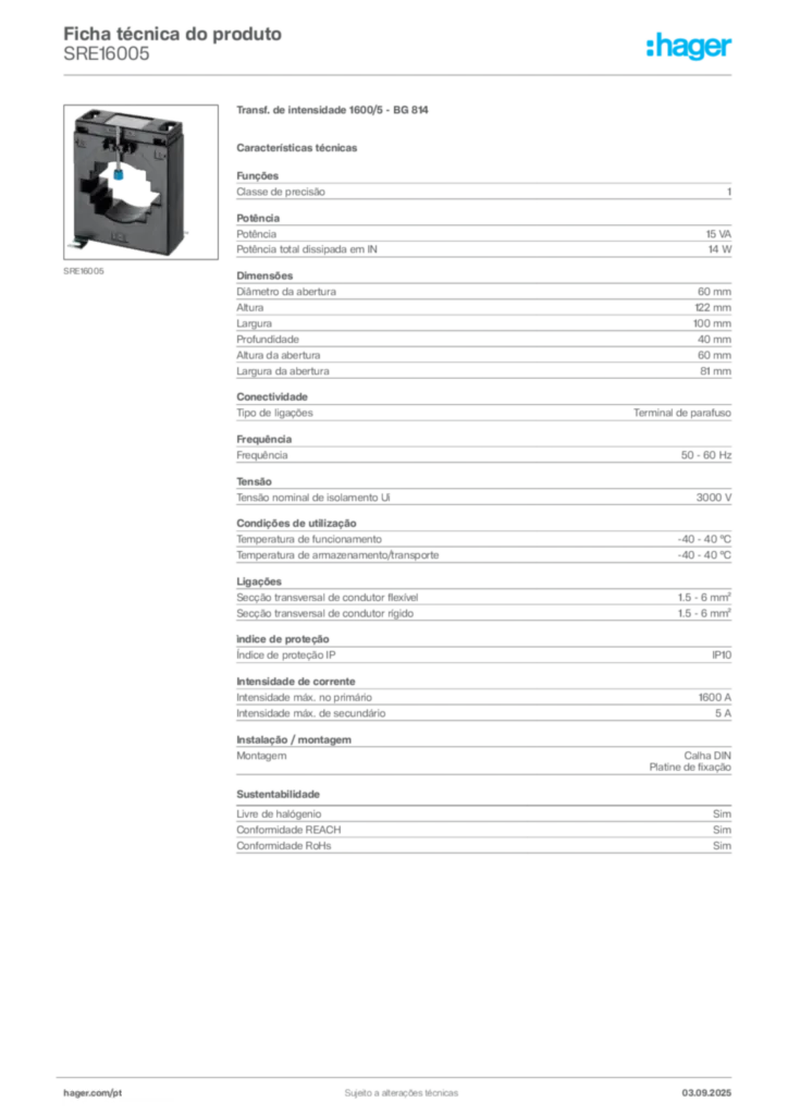 Imagem Hager Ficha técnica do produto SRE16005 | Hager Portugal