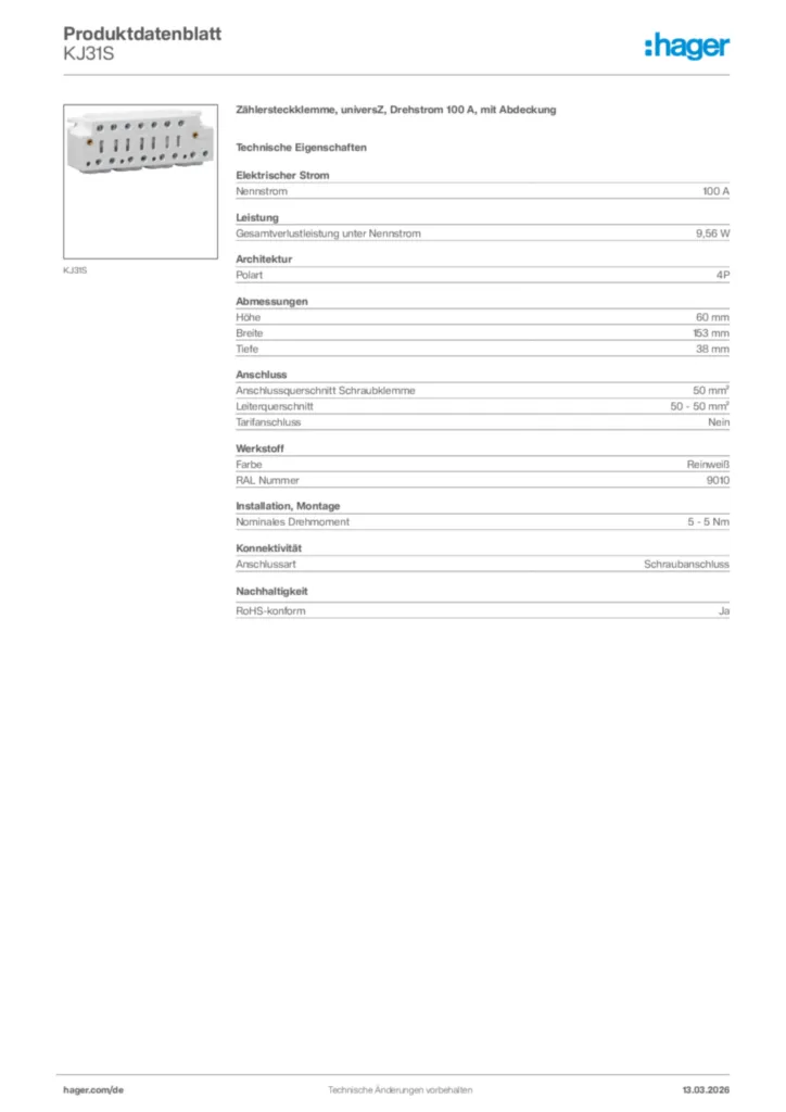 Bild Hager Produktdatenblatt KJ31S | Hager Deutschland