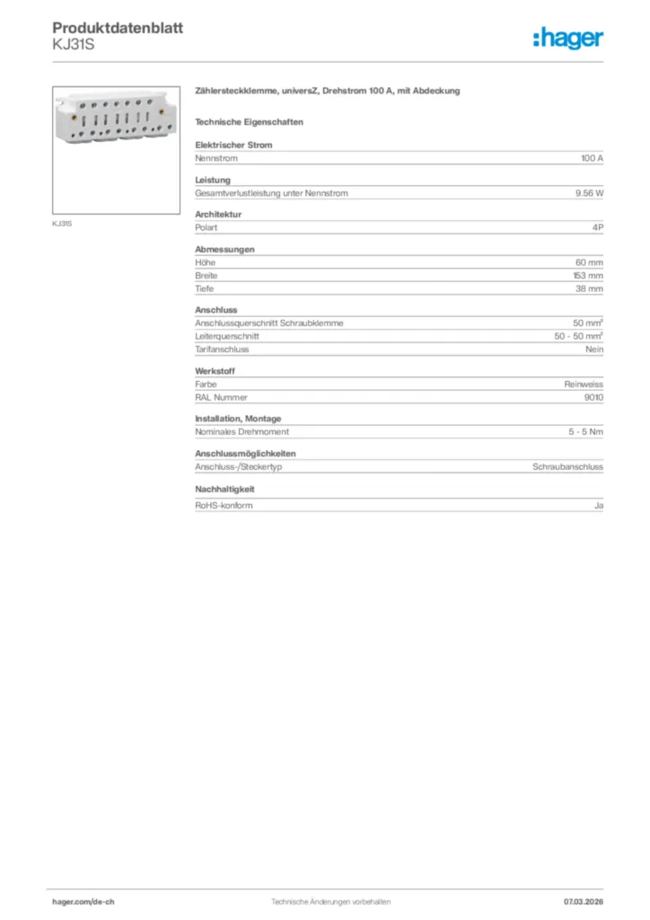Bild Hager Produktdatenblatt KJ31S | Hager Schweiz