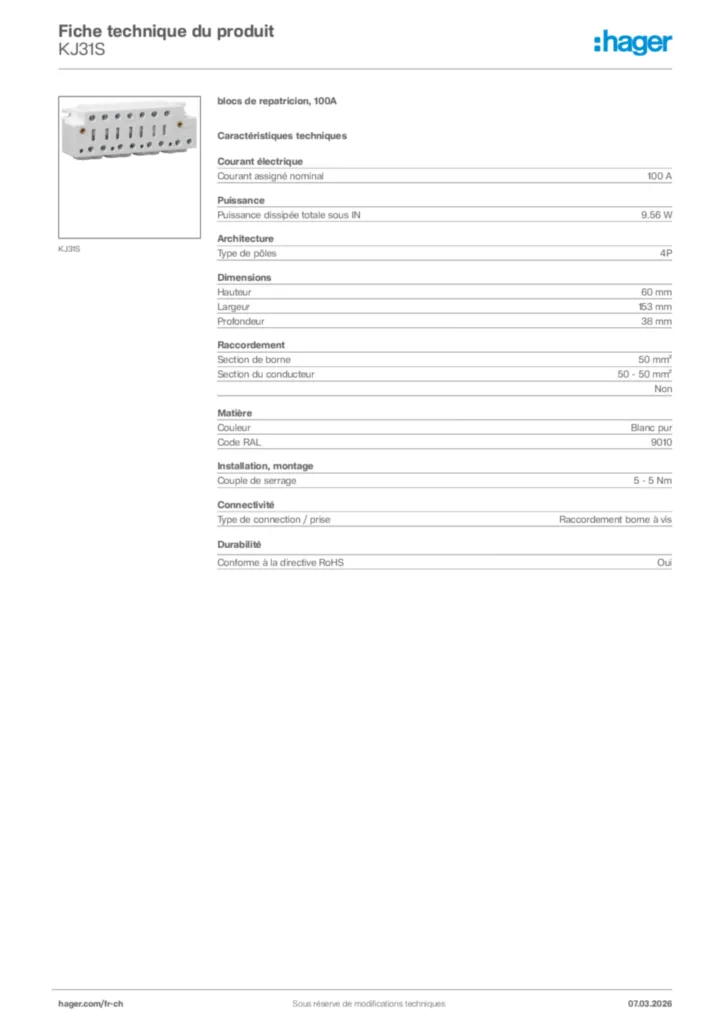 Image Hager Fiche technique du produit KJ31S | Hager Suisse
