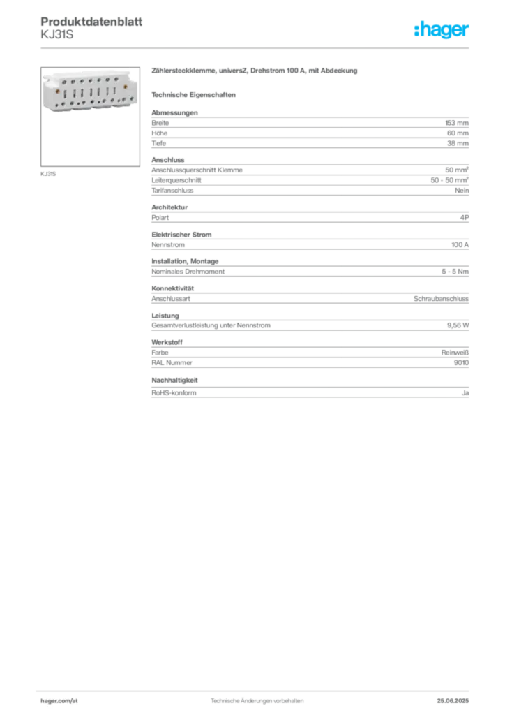 Bild Hager Produktdatenblatt KJ31S | Hager Deutschland