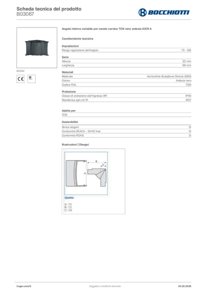 Immagine Bocchiotti Scheda tecnica del prodotto B03067 | Hager Italia