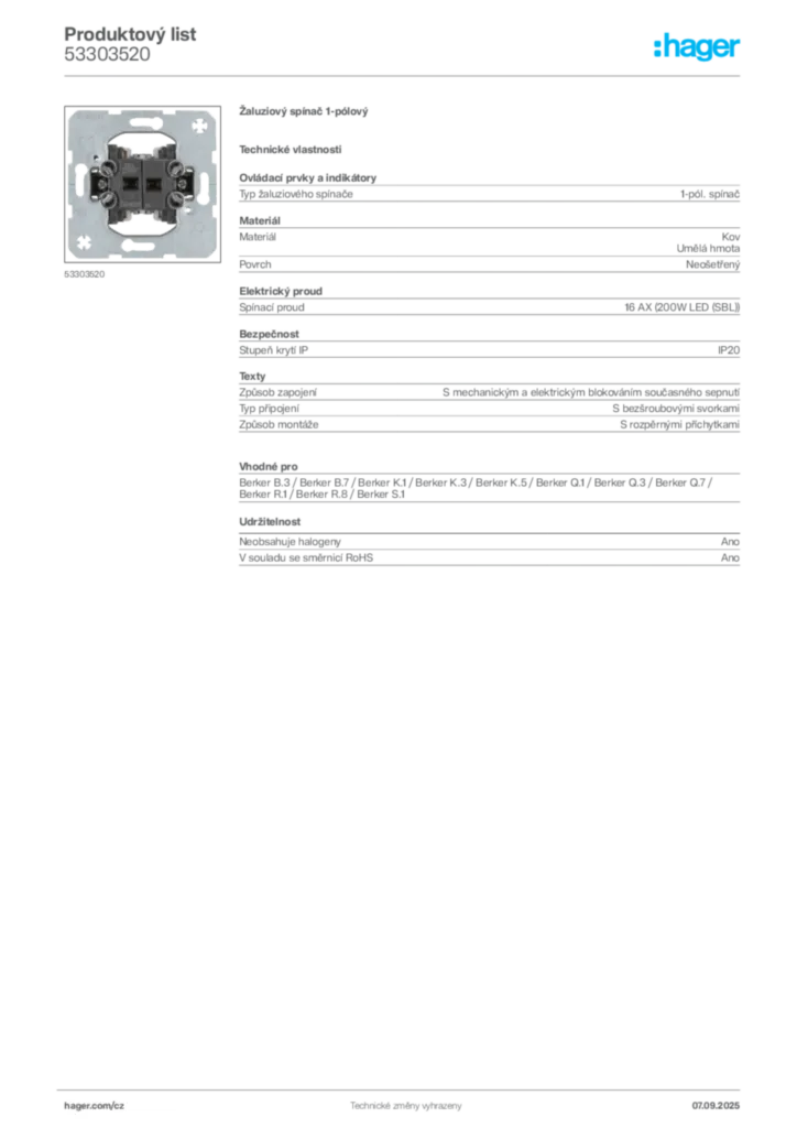Obrázek Hager Produktový list 53303520 | Hager