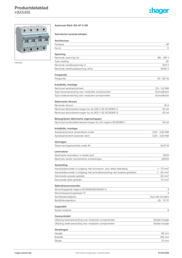 Afbeelding Hager Productdatablad HMX416 | Hager Belgium