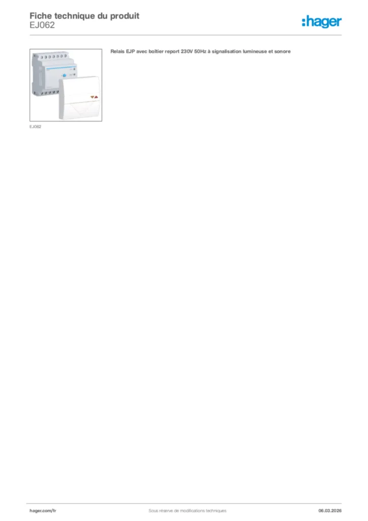 Image Hager Fiche technique du produit EJ062 | Hager France