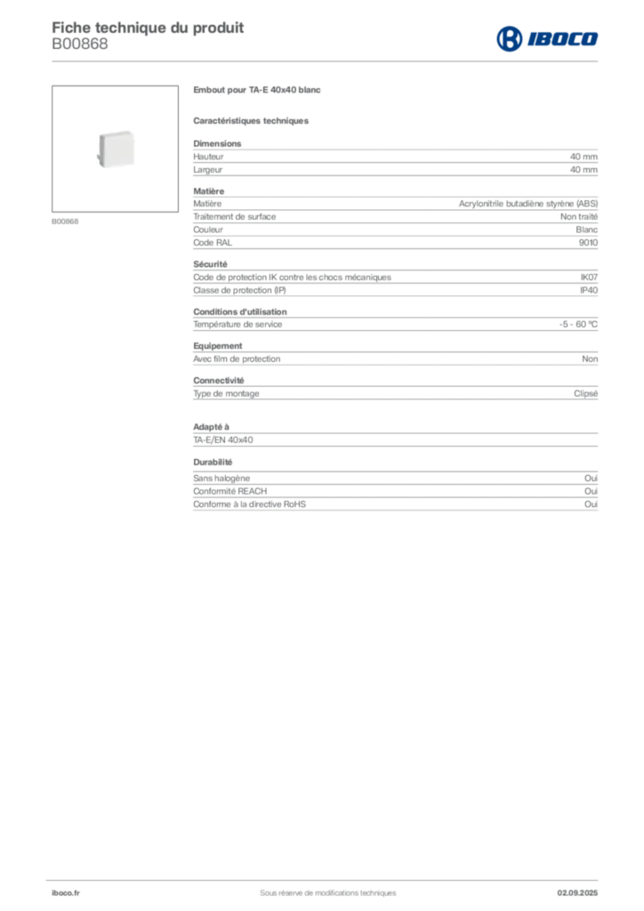 Image Iboco Fiche technique du produit B00868 | Hager France