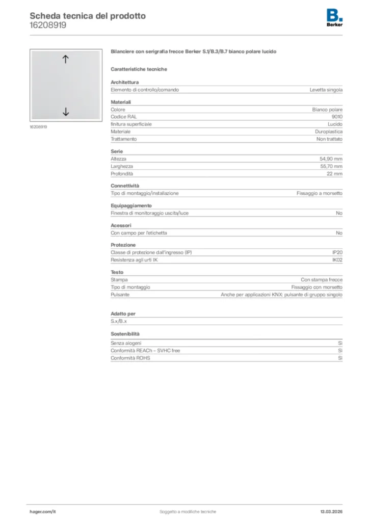 Immagine Berker Scheda tecnica del prodotto 16208919 | Hager Italia