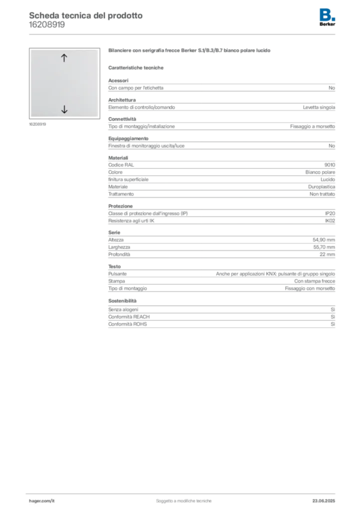 Immagine Berker Scheda tecnica del prodotto 16208919 | Hager Italia