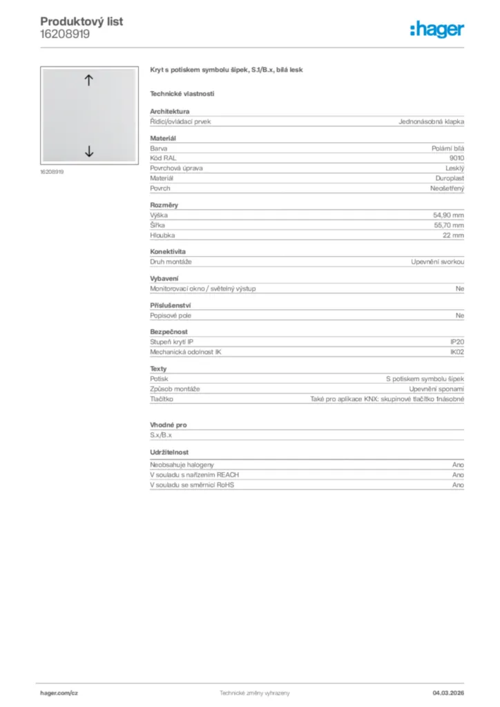 Obrázek Hager Product data sheet 16208919 | Hager