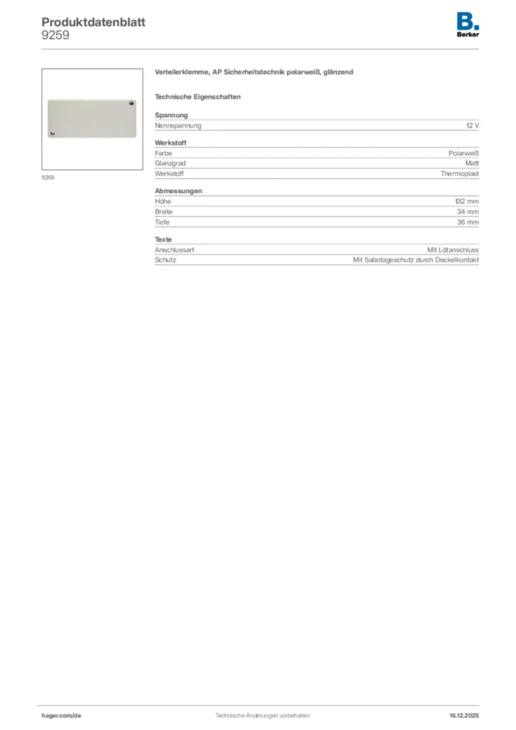 Bild Berker Produktdatenblatt 9259 | Hager Deutschland