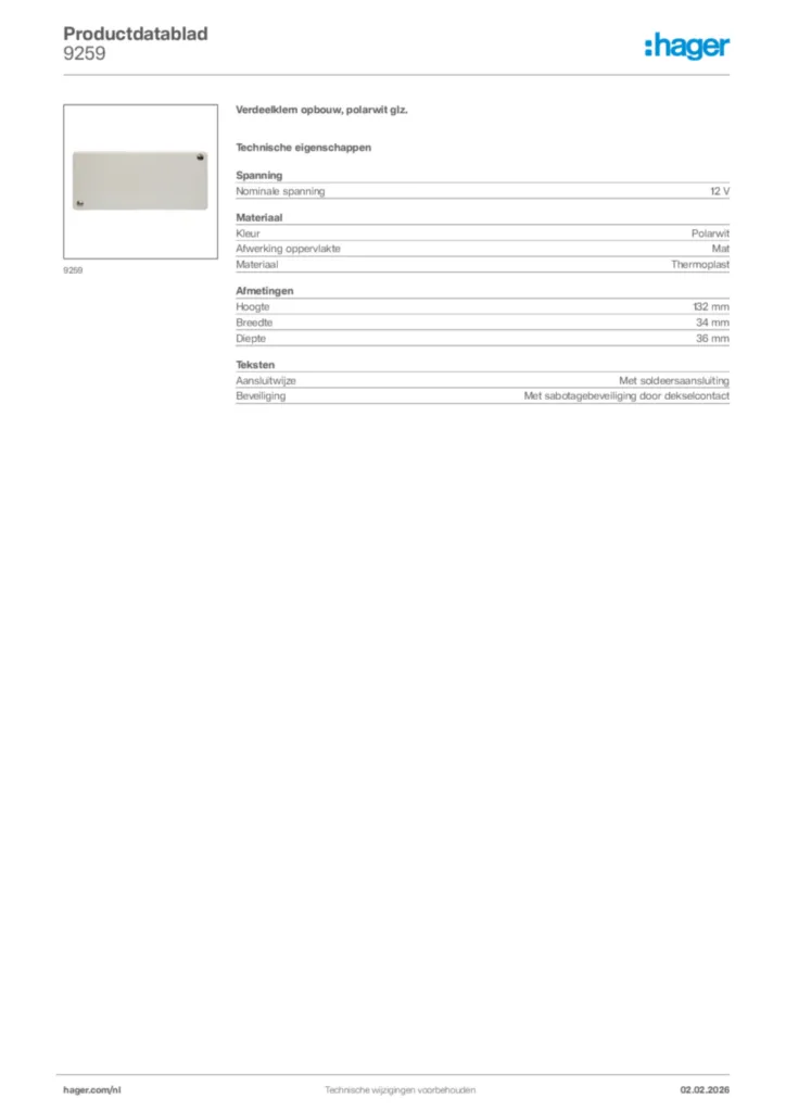 Afbeelding Hager Productdatablad 9259 | Hager Nederland