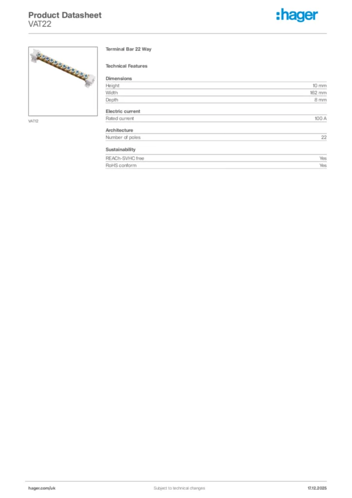 Image Hager Product data sheet VAT22  | Hager