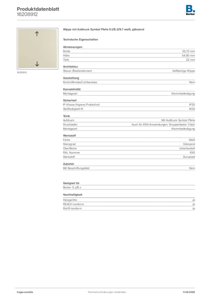 Bild Berker Produktdatenblatt 16208912 | Hager Deutschland