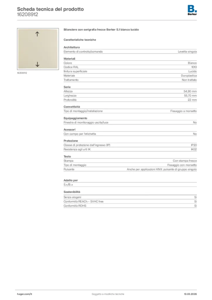 Immagine Berker Scheda tecnica del prodotto 16208912 | Hager Italia