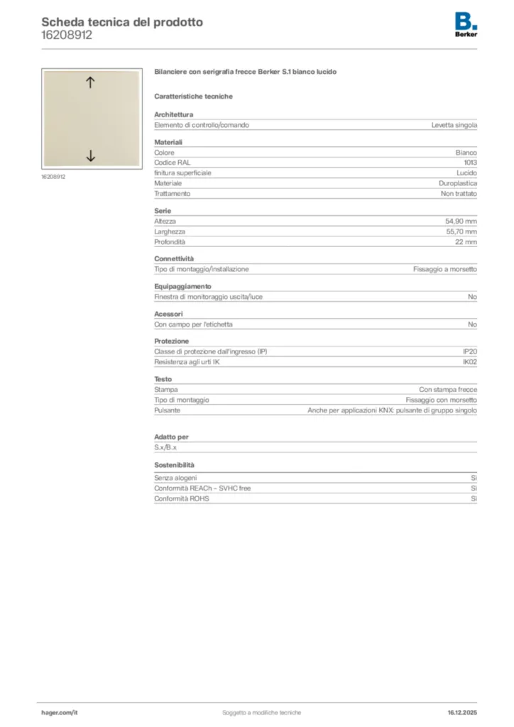 Immagine Berker Scheda tecnica del prodotto 16208912 | Hager Italia