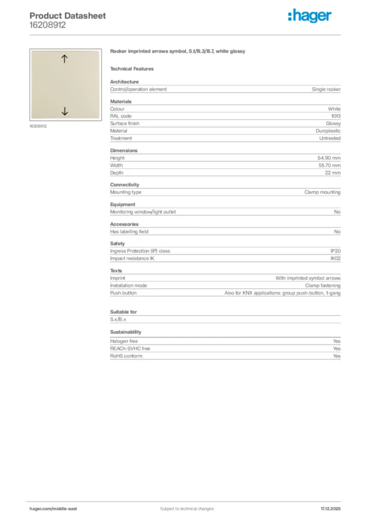 Image Hager Product data sheet 16208912  | Hager