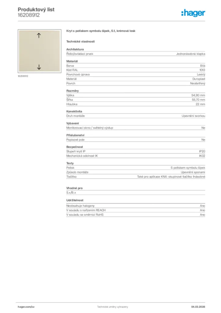 Obrázek Hager Product data sheet 16208912 | Hager