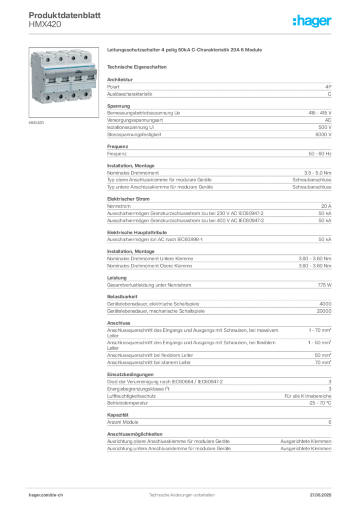 Bild Hager Produktdatenblatt HMX420 | Hager Schweiz