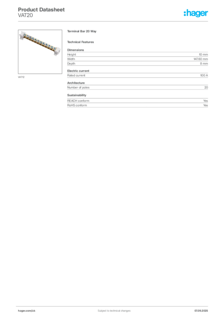 Image Hager Product data sheet VAT20  | Hager