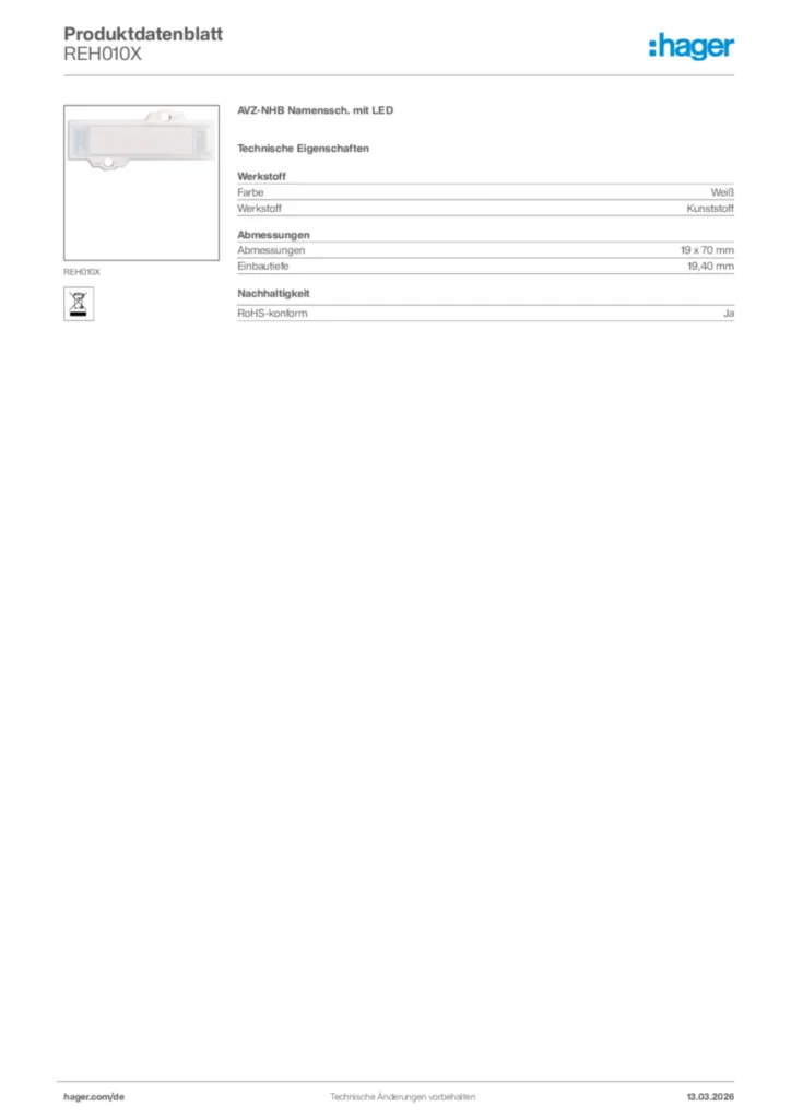 Bild Hager Produktdatenblatt REH010X | Hager Deutschland