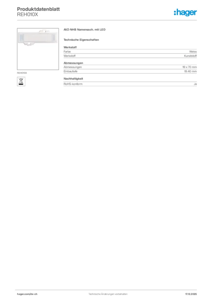 Bild Hager Produktdatenblatt REH010X | Hager Schweiz