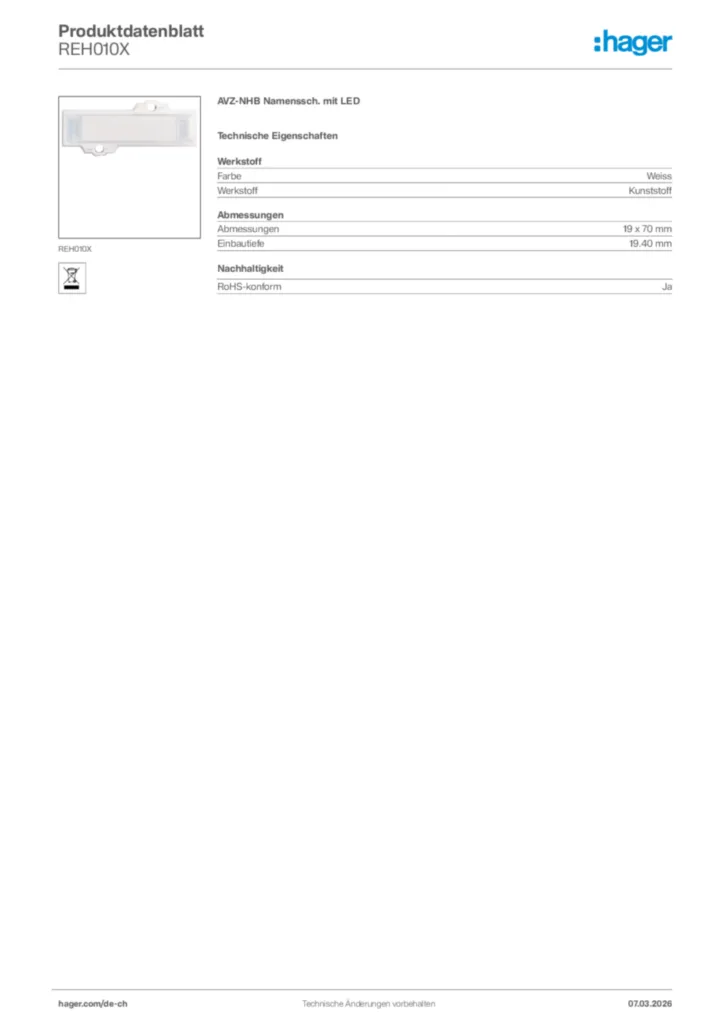 Bild Hager Produktdatenblatt REH010X | Hager Schweiz