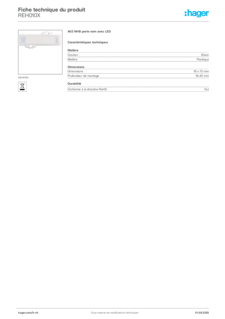 Image Hager Fiche technique du produit REH010X | Hager Suisse